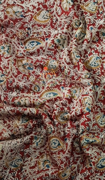 Red handloom cotton kalamkari with paisley and floral motifs