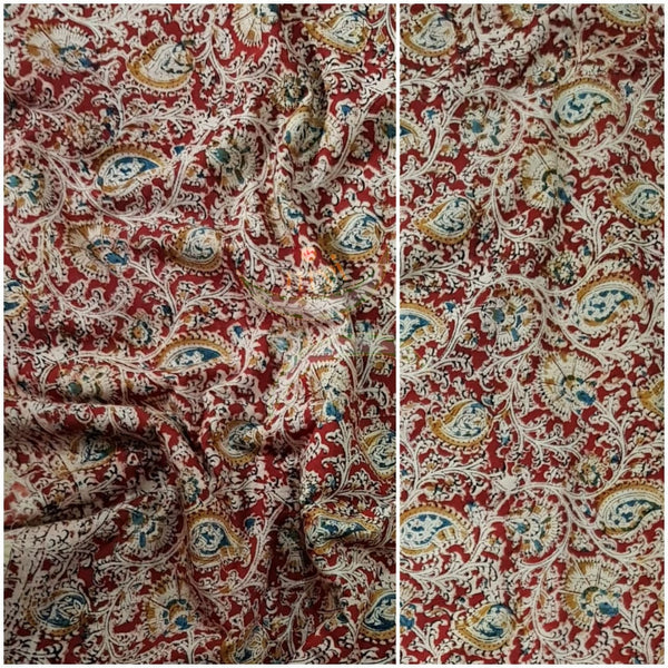 Red handloom cotton kalamkari with paisley and floral motifs
