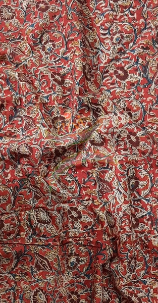 Red handloom cotton kalamkari with floral motifs