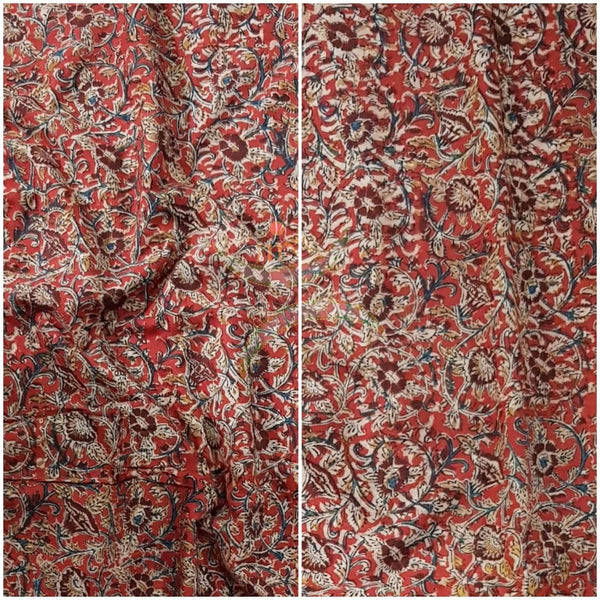 Red handloom cotton kalamkari with floral motifs
