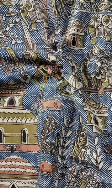 Denim blue  handloom cotton kalamkari with village motifs