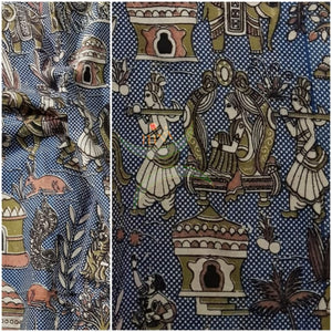 Denim blue  handloom cotton kalamkari with village motifs