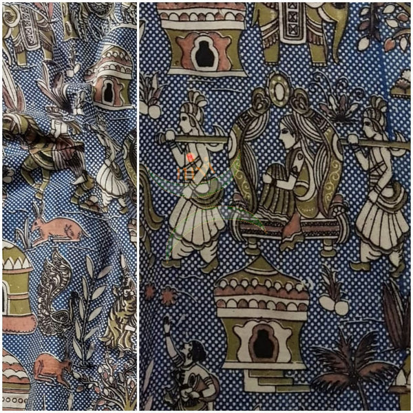 Denim blue  handloom cotton kalamkari with village motifs