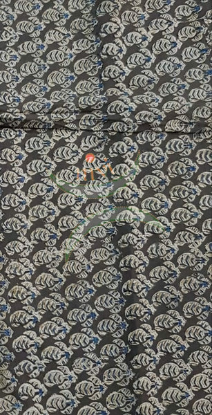 Black handloom cotton kalamkari with paisley motifs
