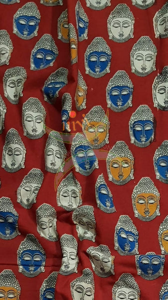 Red handloom cotton kalamkari with Buddha face motifs