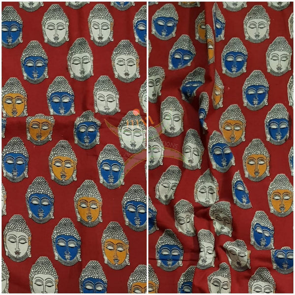 Red handloom cotton kalamkari with Buddha face motifs