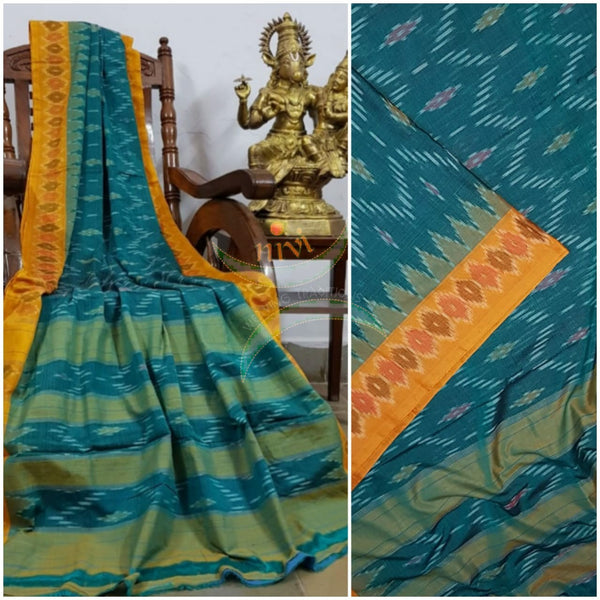 Teal blue Pochampalli-ikat Handloom Soft Cotton Saree with mustard contrasting border and mehendi green pallu.