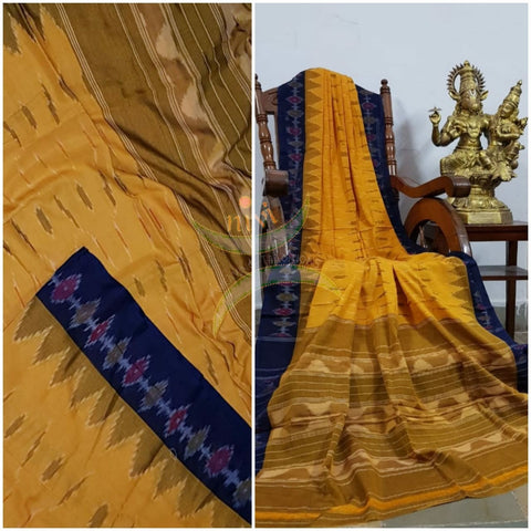 Mustard yellow Pochampalli-ikat Handloom Soft Cotton Saree with royal blue contrasting border and greenish mustard pallu.