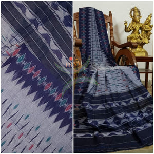 Grey Pochampalli-ikat Handloom Soft Cotton Saree with royal blue contrasting border and pallu.