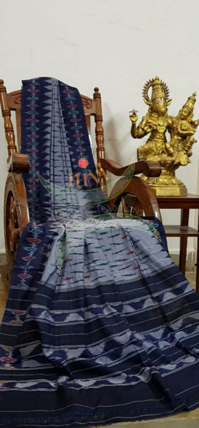 Grey Pochampalli-ikat Handloom Soft Cotton Saree with royal blue contrasting border and pallu.