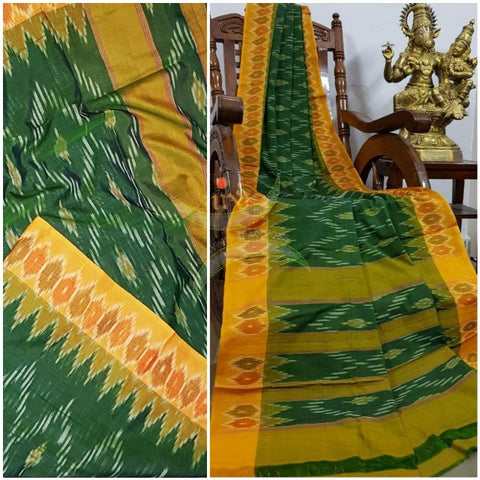 Green Pochampalli-ikat Handloom Soft Cotton Saree with mustard contrasting border and greenish mustard pallu.