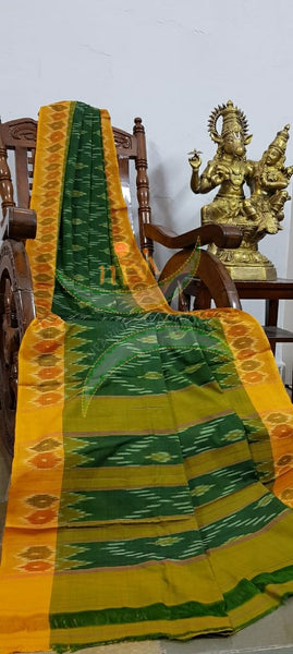 Green Pochampalli-ikat Handloom Soft Cotton Saree with mustard contrasting border and greenish mustard pallu.