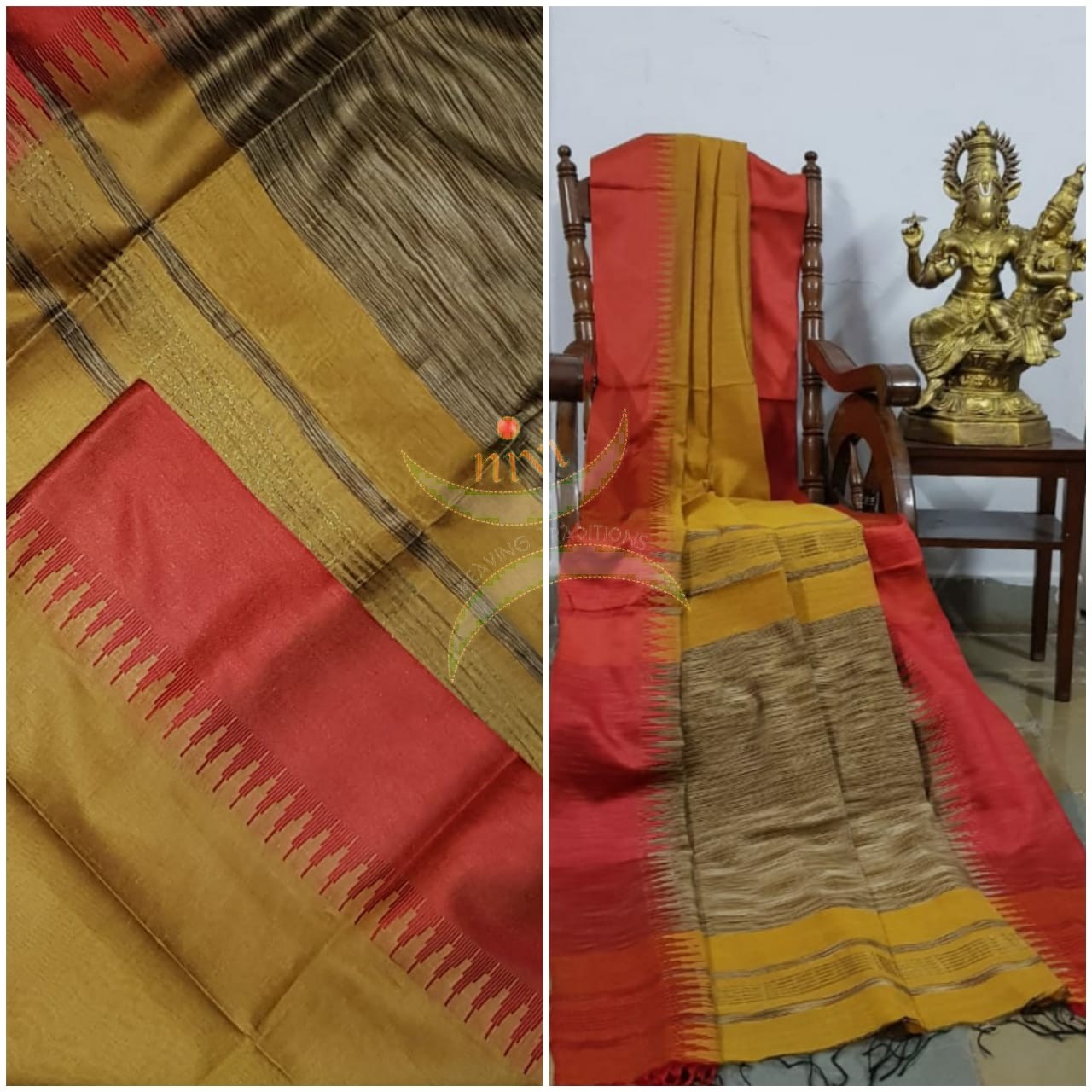 Mustard gold Bengal handloom tussar with ikat effect woven pallu in contrasting Matt Brown and orange temple border.