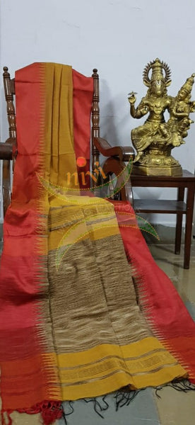 Mustard gold Bengal handloom tussar with ikat effect woven pallu in contrasting Matt Brown and orange temple border.