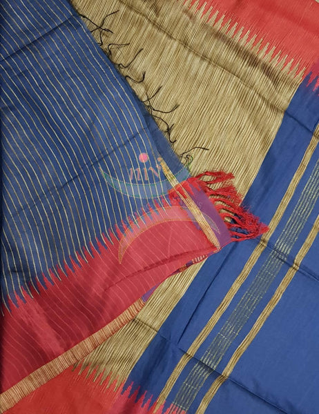 Royal blue Bengal handloom tussar with ikat effect woven pallu in contrasting vintage gold colour and orange temple border.