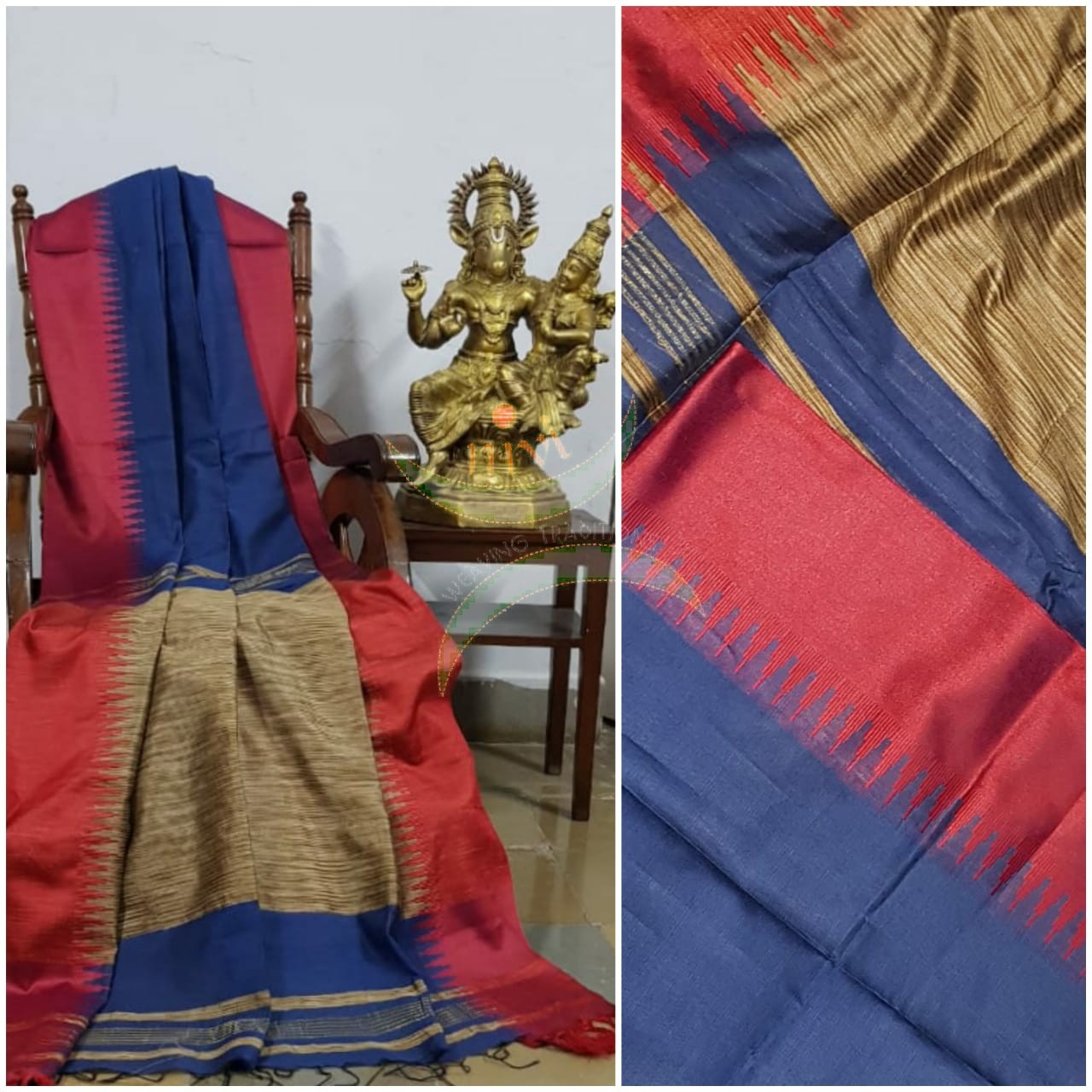 Royal blue Bengal handloom tussar with ikat effect woven pallu in contrasting vintage gold colour and orange temple border.