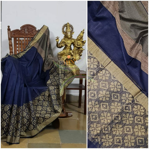 Royal blue Bengal handloom tussar with jacquard woven skirt border with striped geecha pallu.