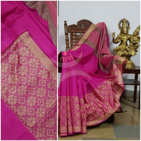 Fuschia pink Bengal handloom tussar with jacquard woven skirt border with striped geecha pallu.