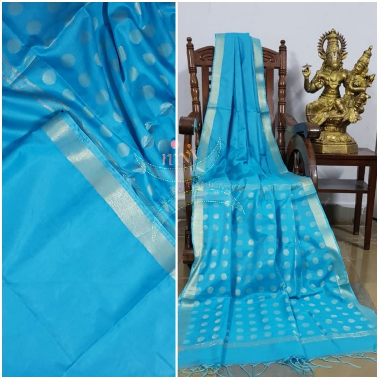 Blue Bengal handloom cotton blend with polka dots on pallu.