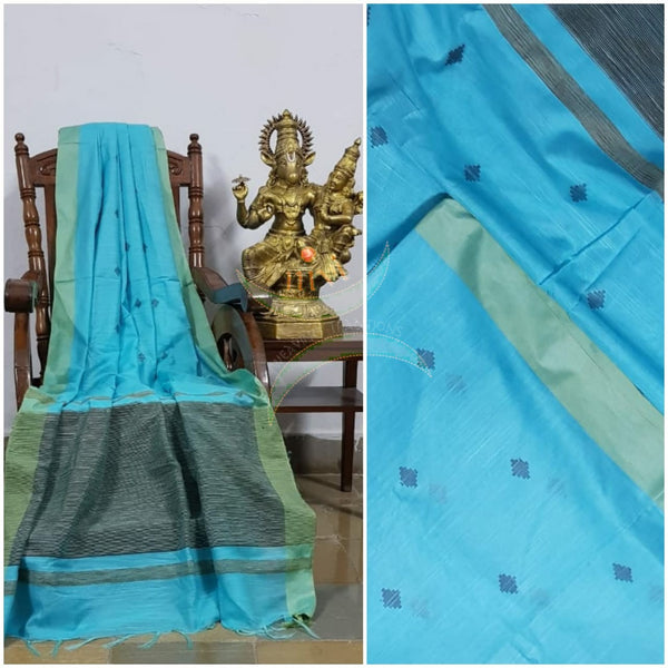 Blue Bengal handloom cotton with all over woven buttis and geecha pallu.