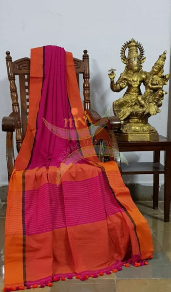 Fuschia pink handloom cotton with contrasting orange border and striped pallu. Saree comes with contrasting orange blouse piece