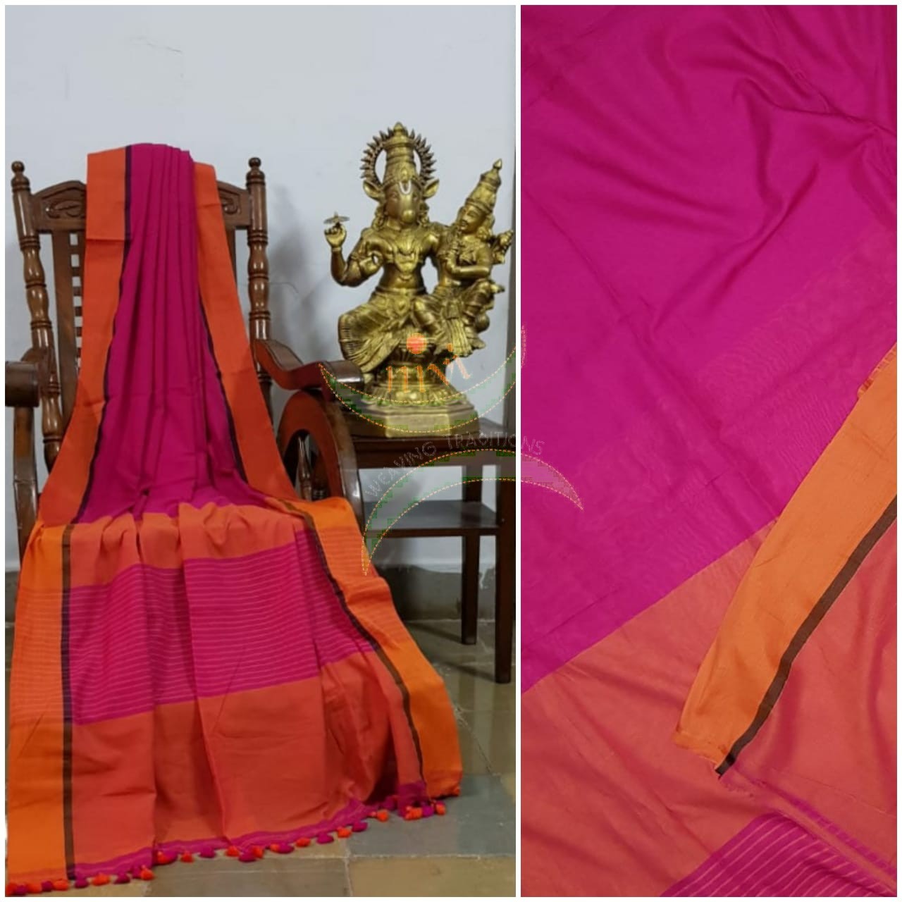 Fuschia pink handloom cotton with contrasting orange border and striped pallu. Saree comes with contrasting orange blouse piece