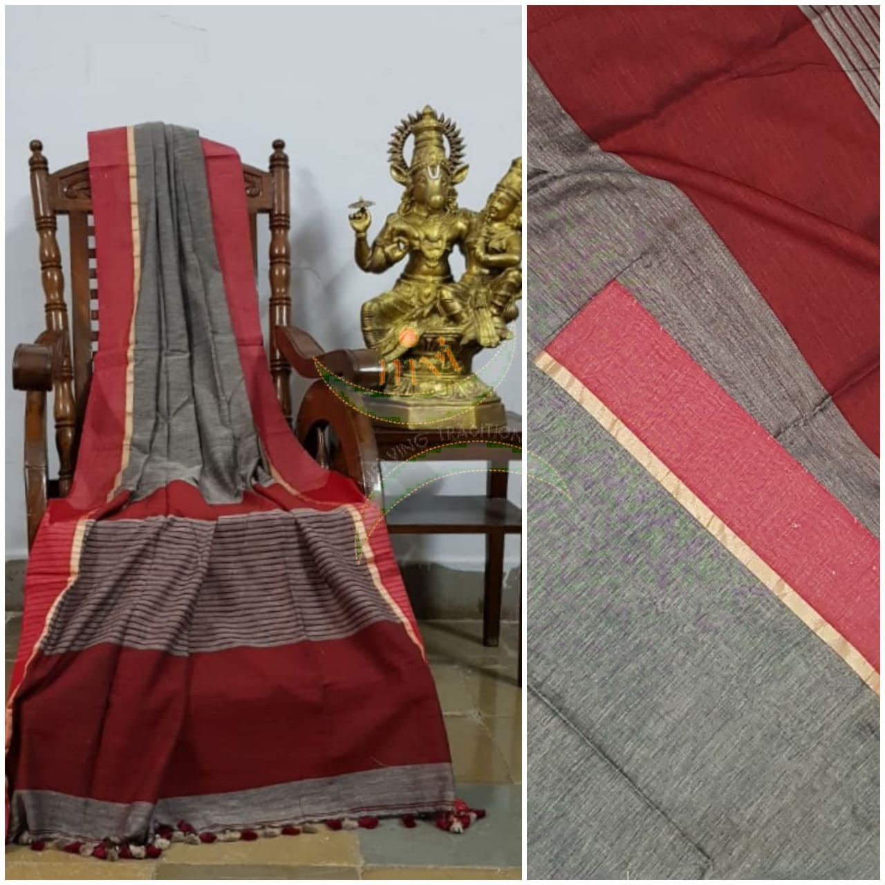 Grey handloom cotton with contrasting brick red border and striped pallu. Saree comes with contrasting brick red blouse piece