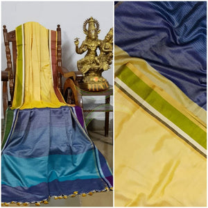 Yellow handloom linen with contrasting ganga jamuna border and pallu. Saree comes with contrasting teal blue blouse piece.