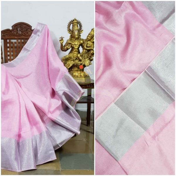 Pastel Pink handloom linen with subtle silver border and silver strips on pallu.