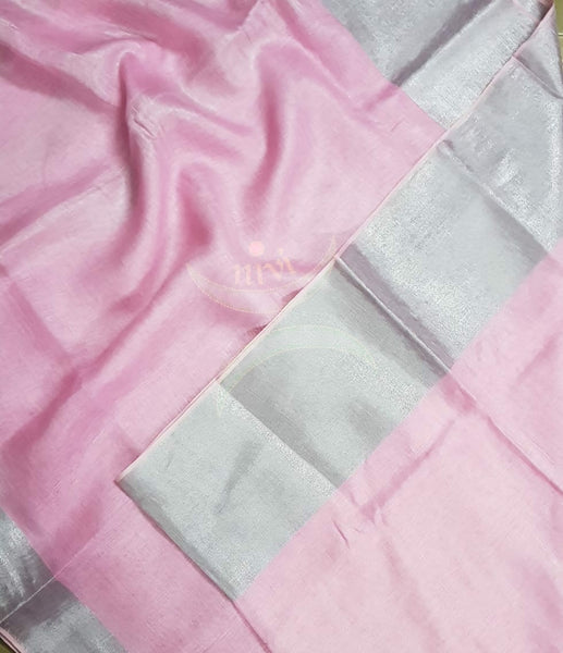 Pastel Pink handloom linen with subtle silver border and silver strips on pallu.
