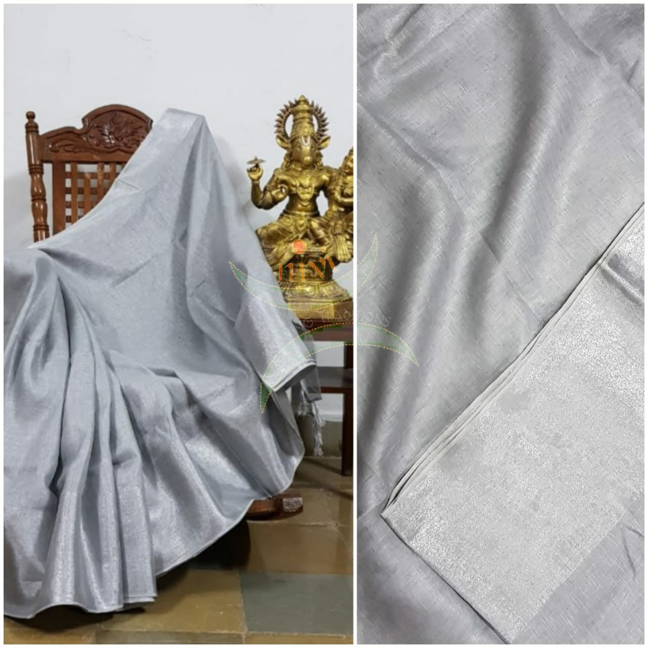 Silver grey handloom linen with subtle silver border and silver strips on pallu.
