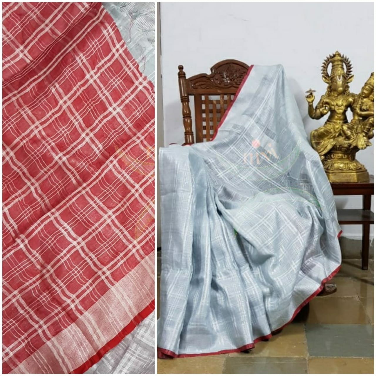 Silver grey handloom linen with self grey checks and self chequered striped pallu. Saree comes with contrasting red striped blouse piece.