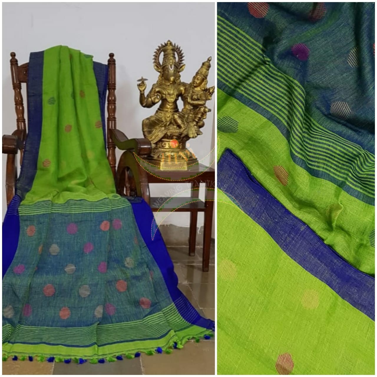 Lime green handloom linen with polka dots and contrasting Royal blue border, pallu and blouse.