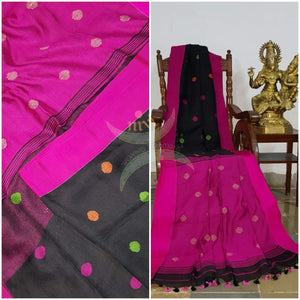 Black handloom linen with polka dots and contrasting fuschia pink border, pallu and blouse.