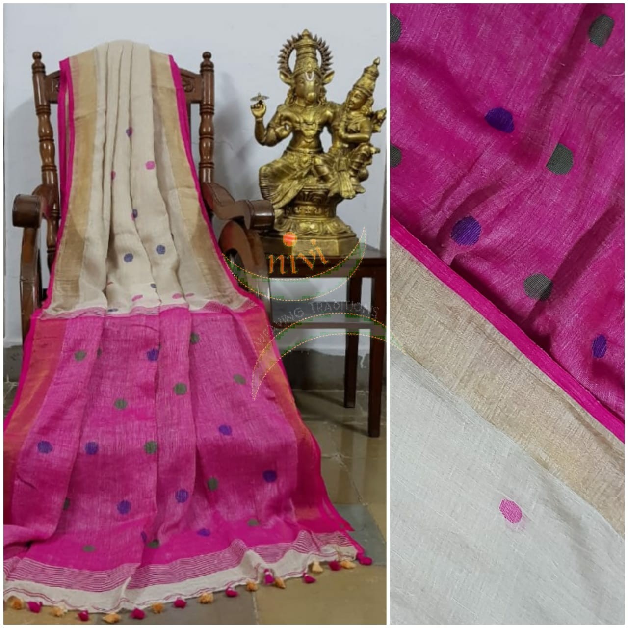Cream handloom linen with polka dots and contrasting fuschia pink border, pallu and blouse.