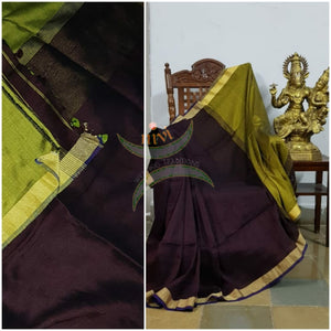 Chocolate brown 80s count pure handloom linen with contrasting green border, pallu and blouse.
