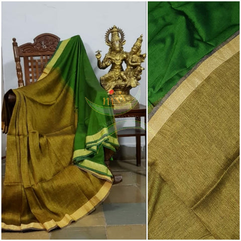 Mehendi green 80s count pure handloom linen with contrasting green border, pallu and blouse.
