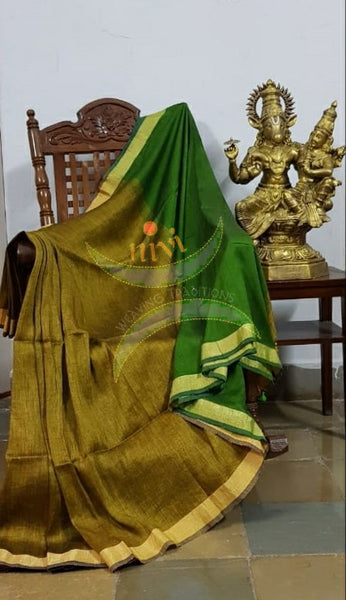 Mehendi green 80s count pure handloom linen with contrasting green border, pallu and blouse.