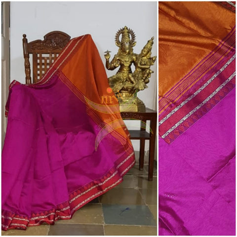 Fuschia pink  Bengal handloom cotton blend with temple border and contrasting orange pallu  and blouse.