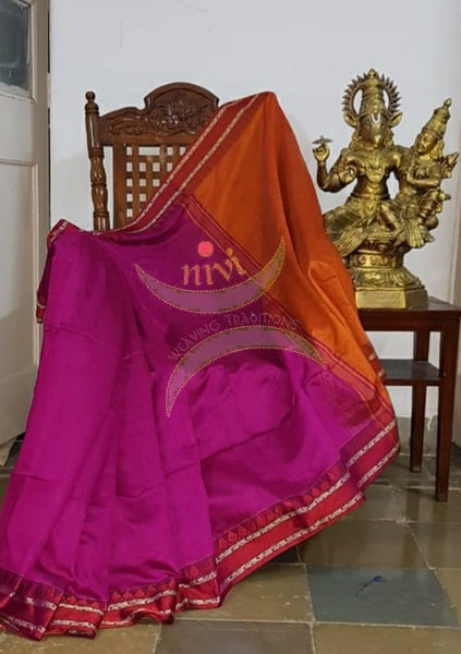 Fuschia pink  Bengal handloom cotton blend with temple border and contrasting orange pallu  and blouse.