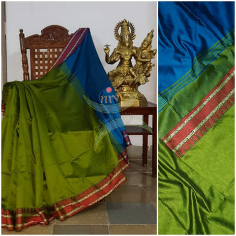 Green Bengal handloom cotton blend with temple border and contrasting Royal blue pallu  and blouse.