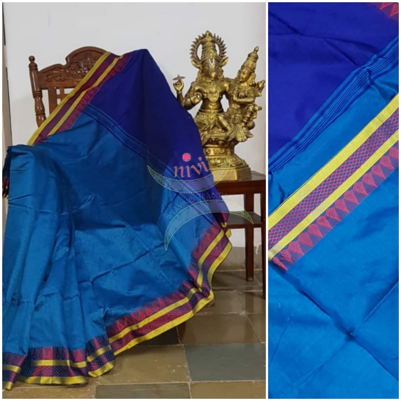 Royal blue Bengal handloom cotton blend with temple border and contrasting navy blue pallu  and blouse.