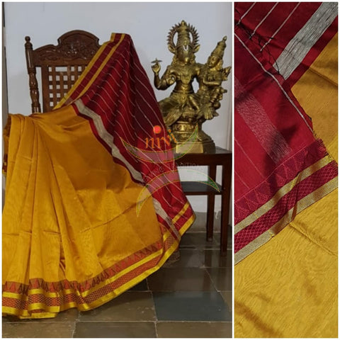 Golden mustard Bengal handloom cotton blend with temple border and contrasting maroon pallu  and blouse.