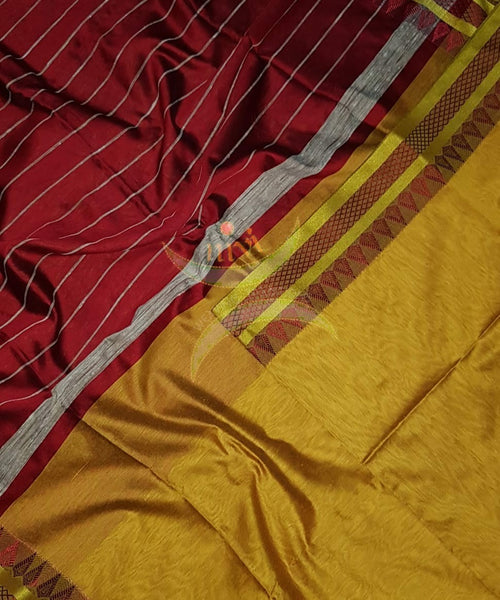 Golden mustard Bengal handloom cotton blend with temple border and contrasting maroon pallu  and blouse.