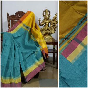 Sea green  Bengal handloom cotton blend with multi coloured border and contrasting golden mustard pallu  and blouse.