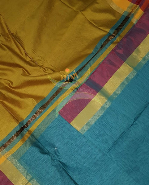 Sea green  Bengal handloom cotton blend with multi coloured border and contrasting golden mustard pallu  and blouse.