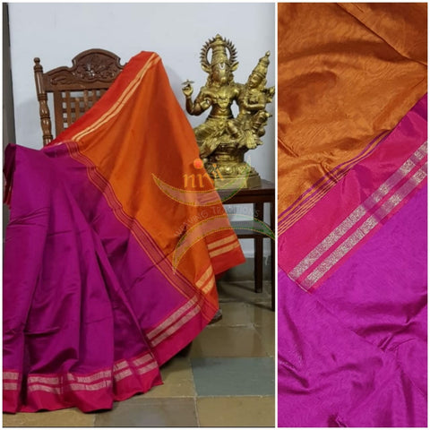 Magenta Bengal handloom cotton blend with pink border and contrasting orange pallu  and blouse.