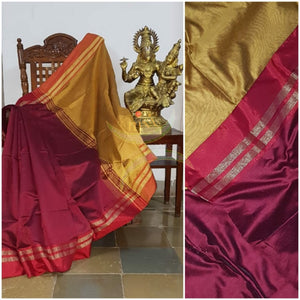 Maroon Bengal handloom cotton blend with multi coloured border and contrasting mustard pallu  and blouse.