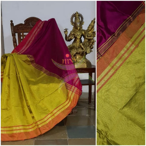 Green Bengal handloom cotton blend with orange border and contrasting fuschia pink pallu  and blouse.