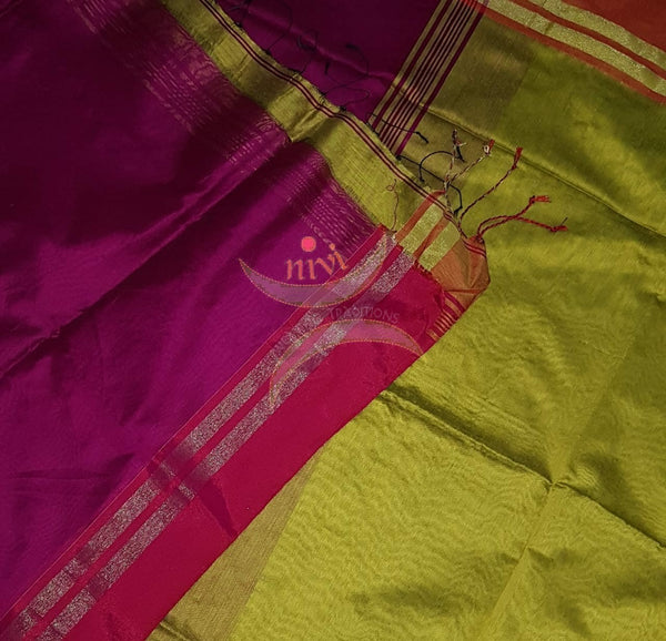 Green Bengal handloom cotton blend with orange border and contrasting fuschia pink pallu  and blouse.